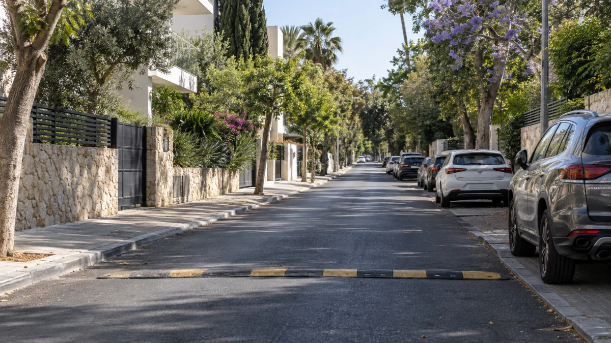 רחוב יבנה בהרצליה, כביש אספלט סלול בין בתי מגורים ועצים