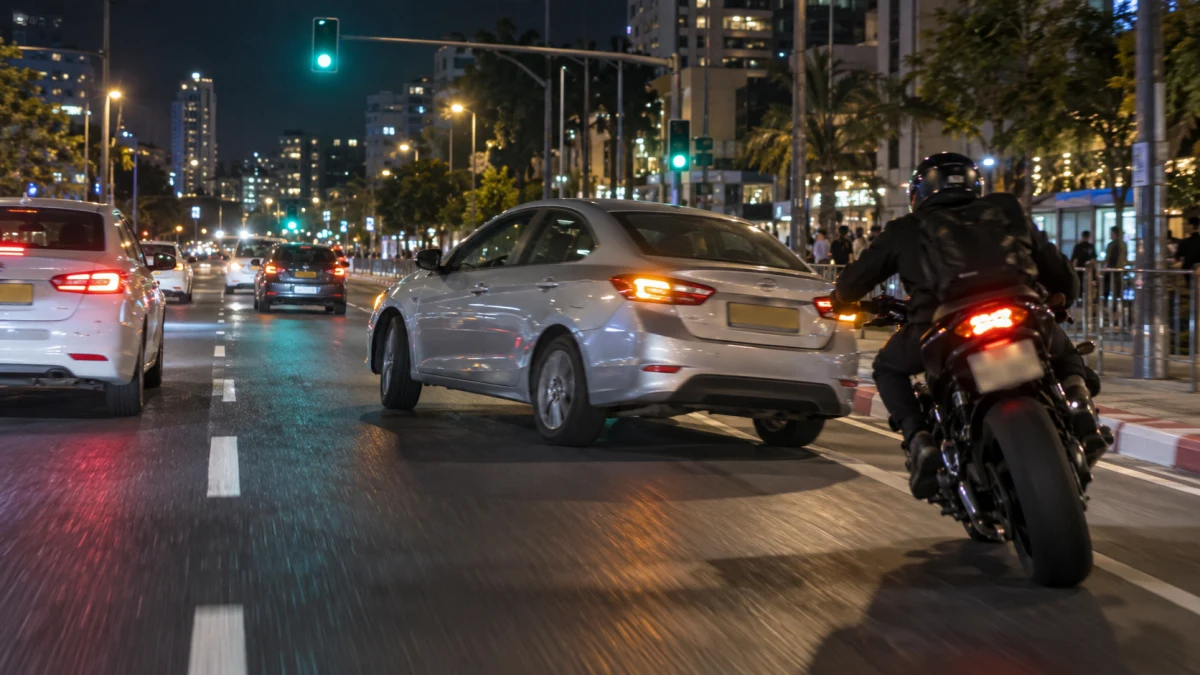 מכונית פונה בחדות ימינה בצומת עירוני ורוכב אופנוע מתקרב בנתיב הימני בשעת לילה