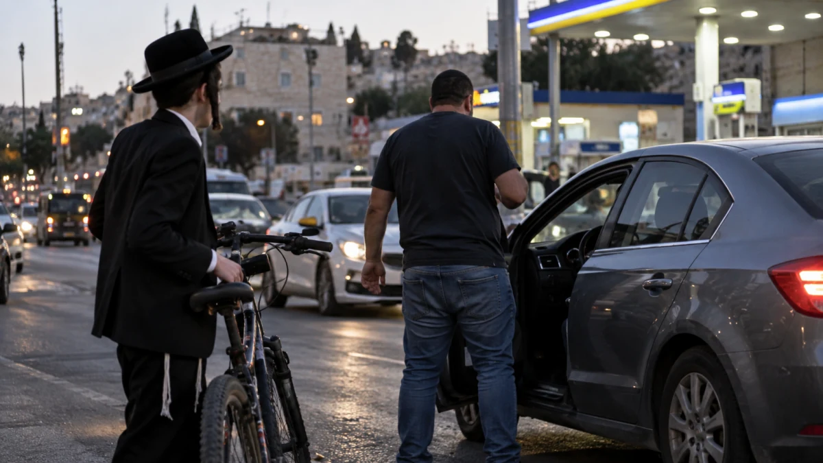 רוכב אופניים צעיר ליד תחנת דלק ברחוב עירוני, כשברקע רכב שעצר בסמוך