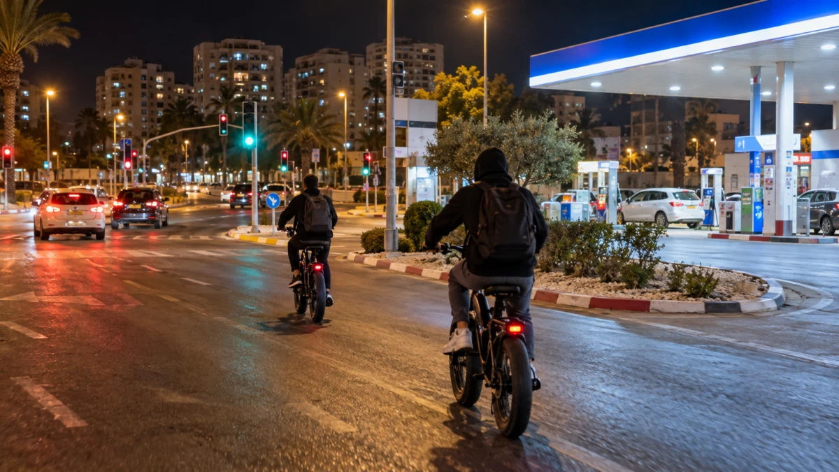 אופניים חשמליים בצומת עירוני בבאר שבע בשעת לילה, כשאורות חירום נראים מרחוק ללא נפגעים בתמונה