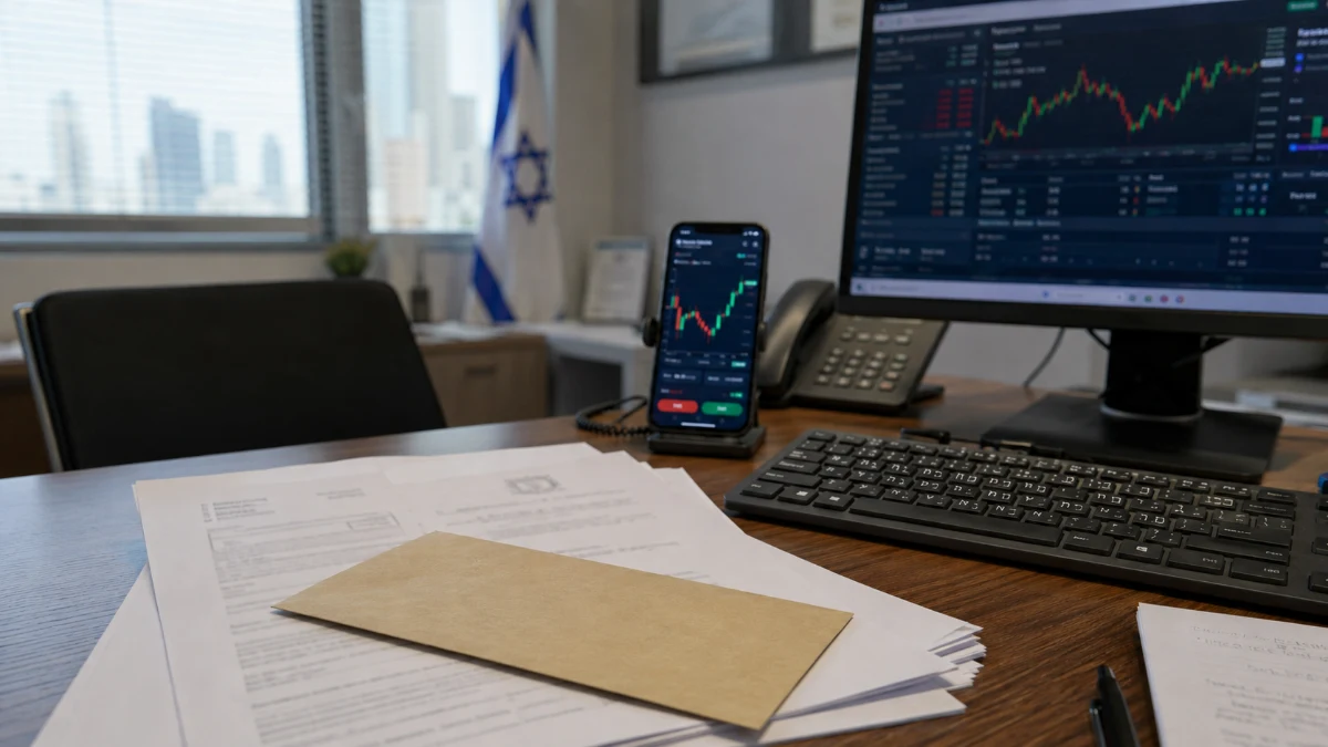 מסך מסחר פיננסי ומסמכים משפטיים הממחישים המצאה לחברה זרה באמצעות נציג בישראל