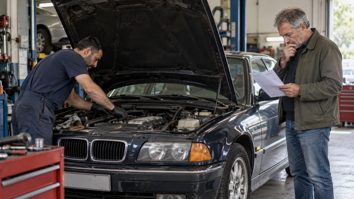 מכונית BMW ישנה במוסך כשמכסה המנוע פתוח ומכונאי בוחן את המנוע