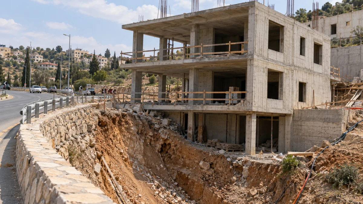 מבנה בטון גדול בן שלוש קומות בצמוד לכביש ולקיר תומך, ללא אנשים מזוהים