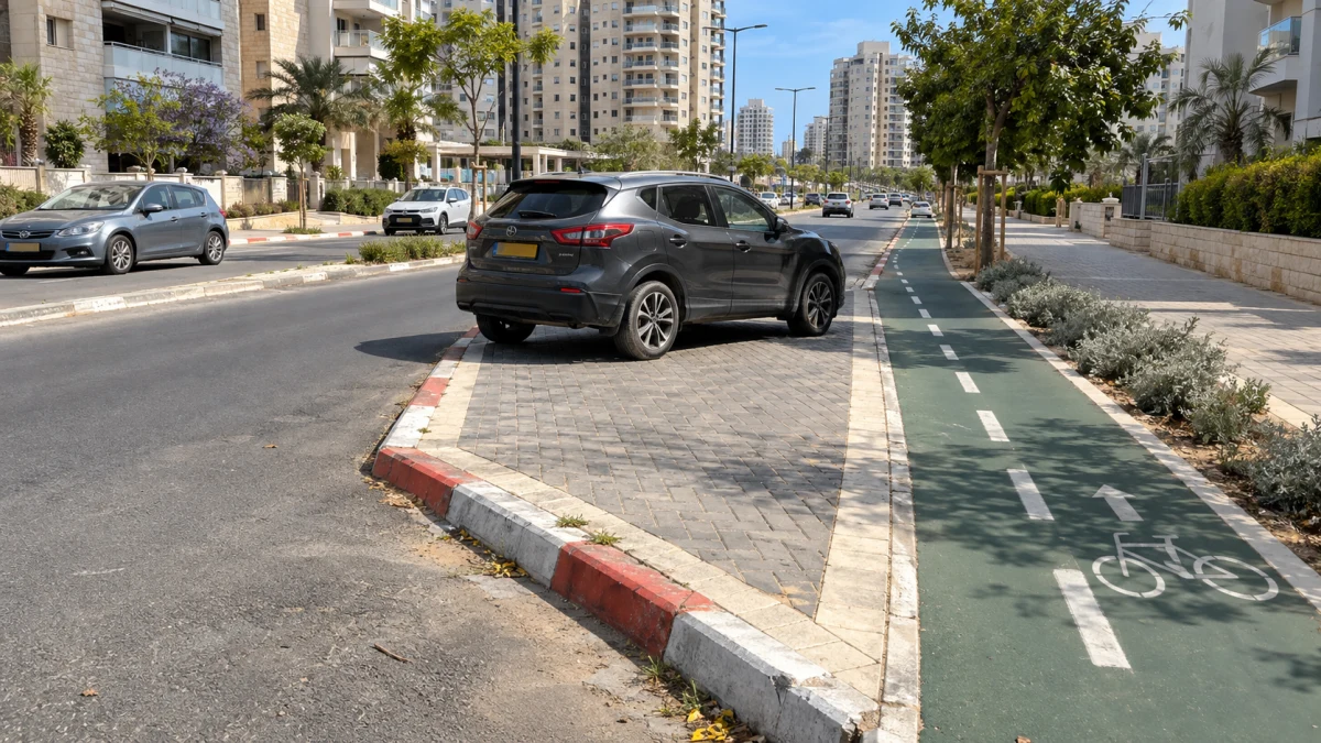 רכב חונה על משטח מרוצף ומוגבה לצד כביש ושביל אופניים ברחוב עירוני