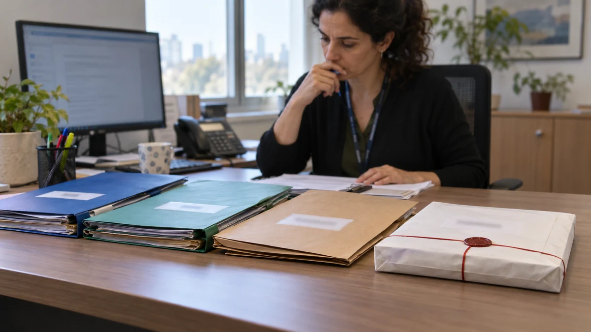 תיק מסמכים סגור לצד דוח הערכת מסוכנות על שולחן מומחה