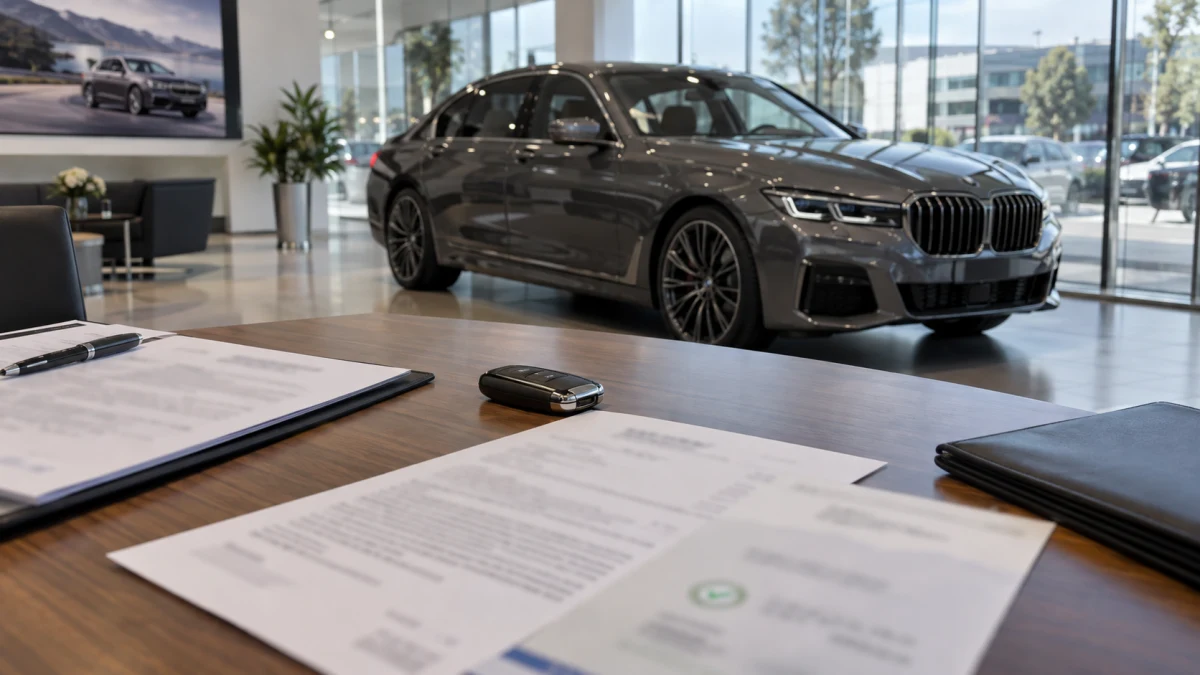 רכב BMW אפור ולצדו מסמכי רכישה ותשלום ללא טקסט קריא