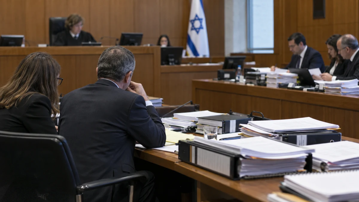 נאשם וסנגורו יושבים באולם בית משפט מול שולחן התביעה במהלך דיון בעבירות מס