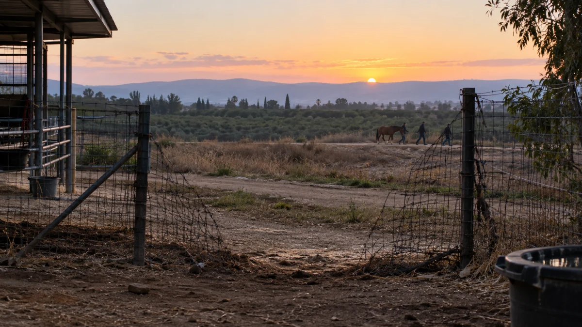 אורווה בקיבוץ עם פרצה בגדר וסוסה חומה מובלת בשביל חקלאי מרחוק