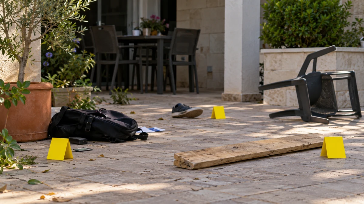 רחוב מגורים עירוני עם קרש עץ מונח בצד הדרך, ללא אנשים מזוהים