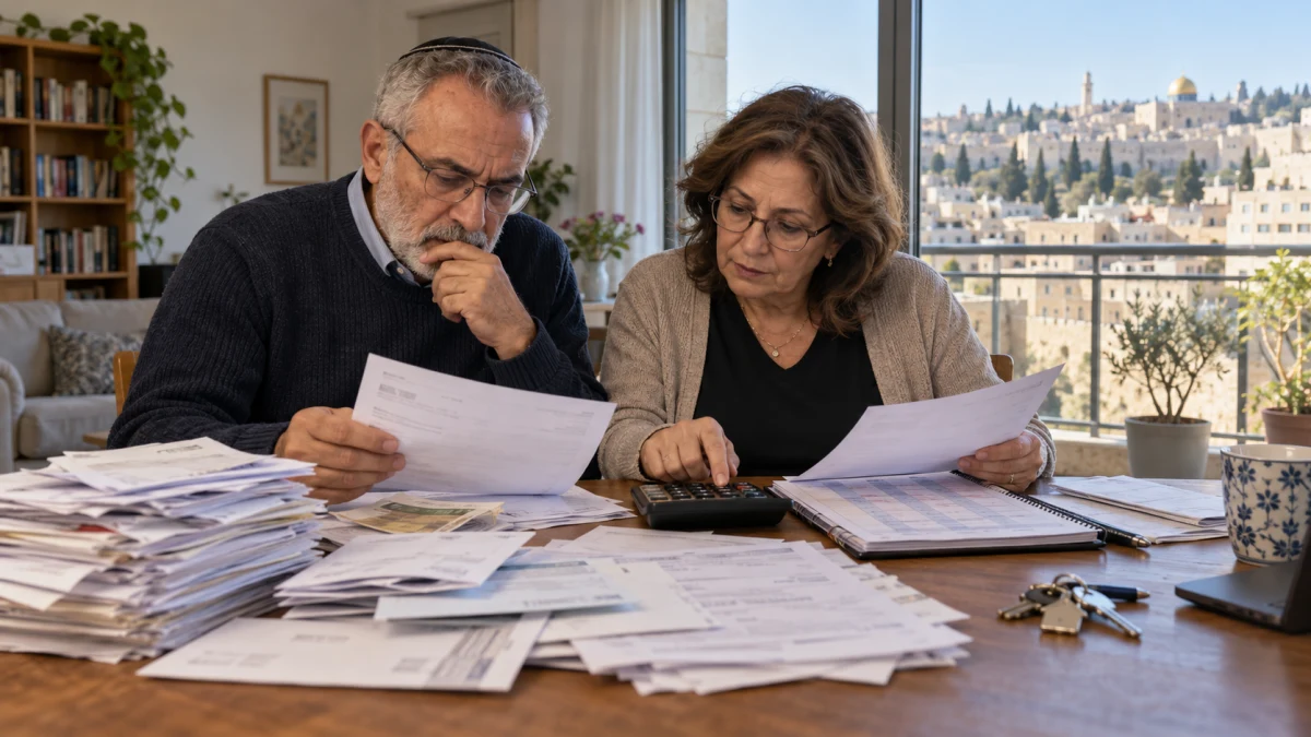 זוג יושב ליד שולחן עם מסמכי חובות ותוכנית תשלומים, וברקע בניין מגורים בירושלים