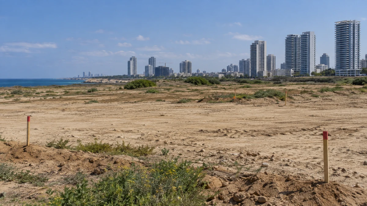 מגרש קרקע פתוח במתחם חוף התכלת בהרצליה, על רקע בנייה עירונית מרוחקת