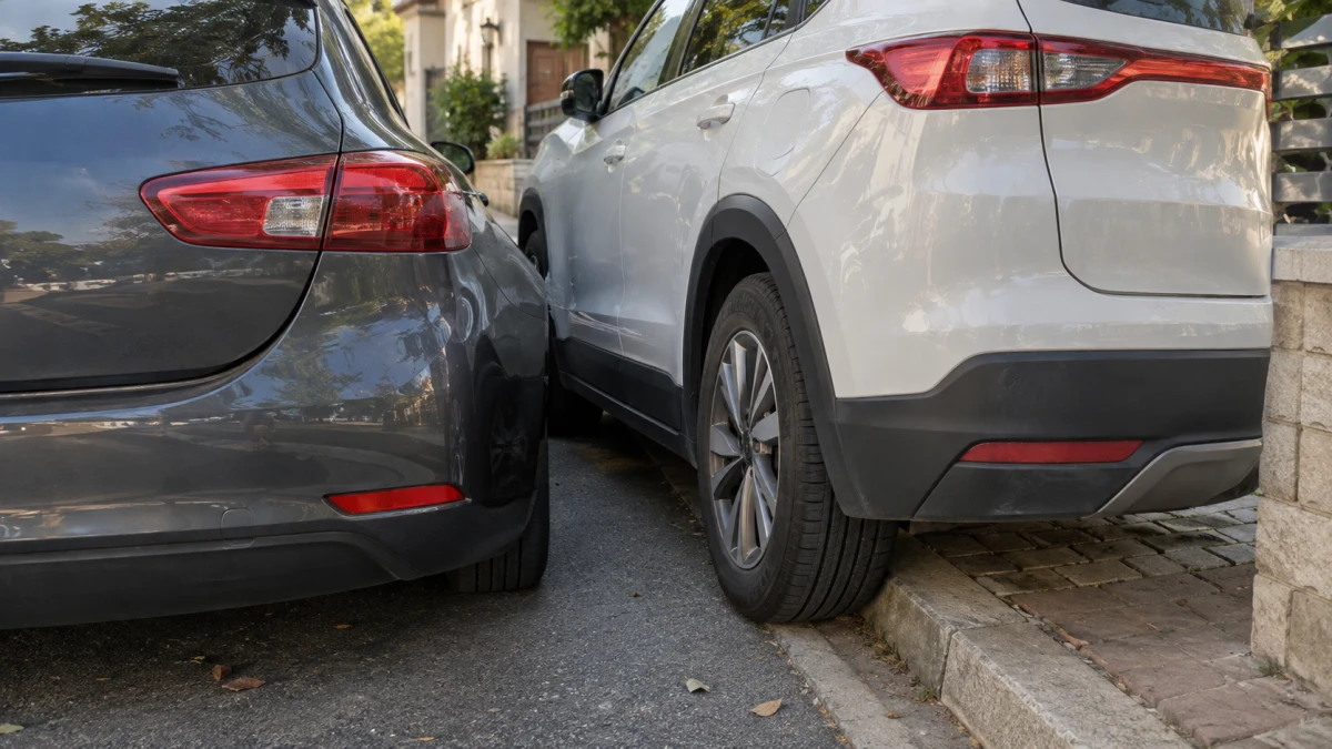 שתי מכוניות סמוכות בחניה לצד מדרכה, בזירת תאונת רכוש ללא נפגעים