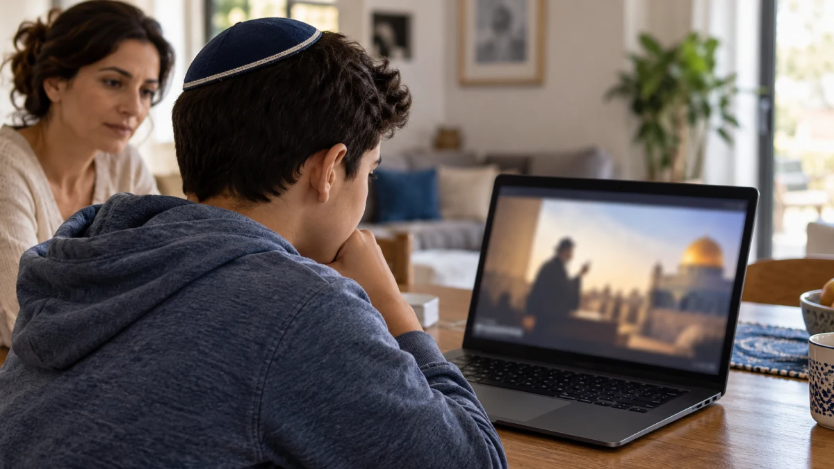 נער צופה במחשב בסרטון דתי מופשט, כשמבוגר נמצא ברקע