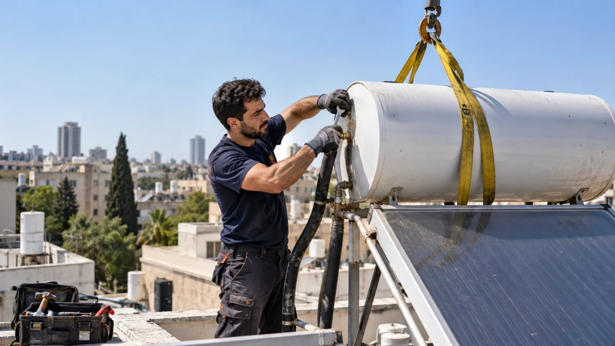 מתקין דודי שמש על גג משתמש בכלי עבודה במהלך התקנה