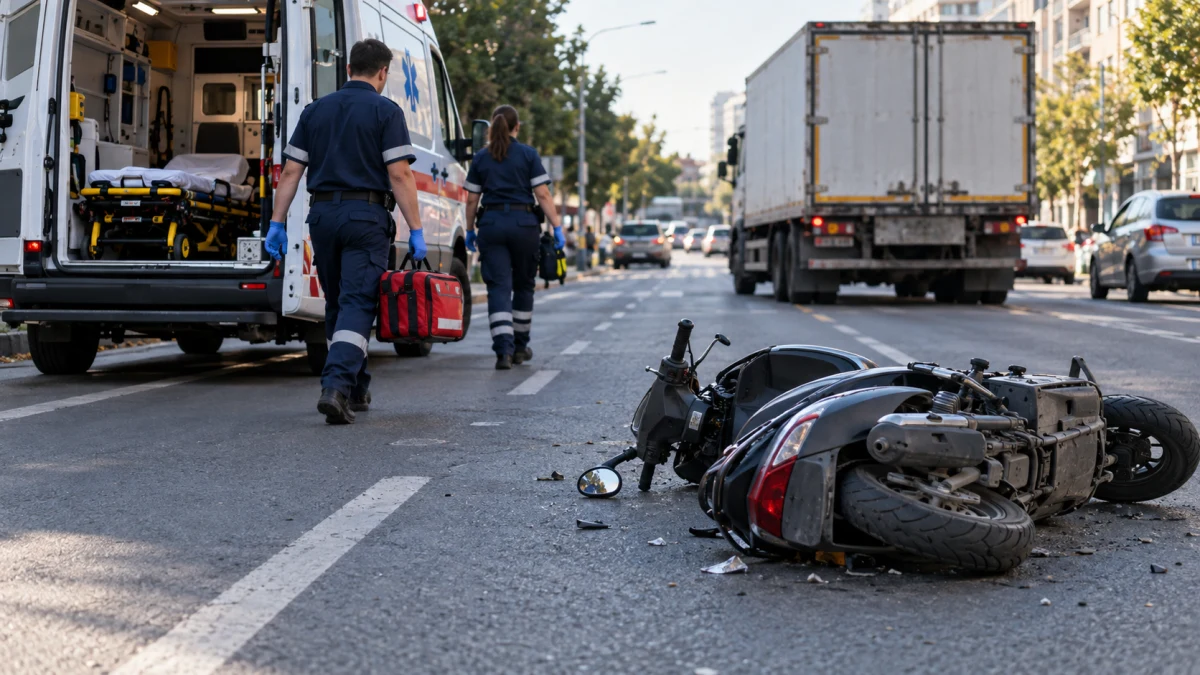 רוכב קטנוע בזירת תאונה בכביש סמוך לבית החולים רמב"ם, לצד אמבולנס פרטי