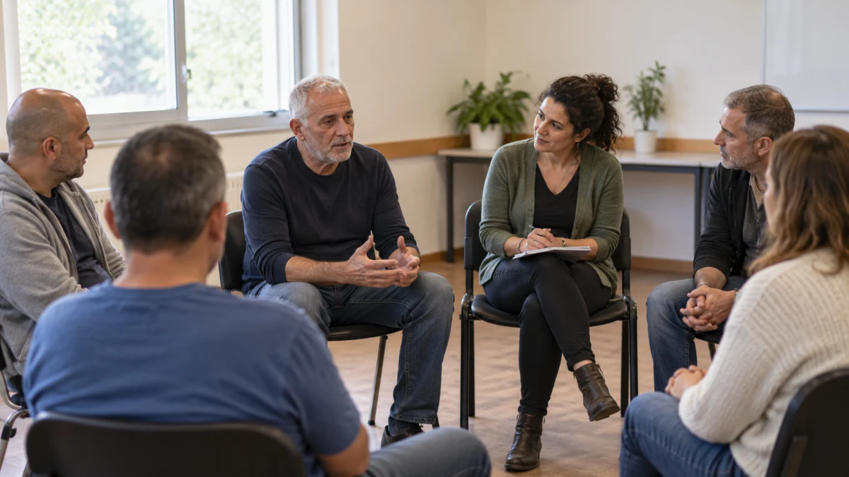 צעיר משתתף בקבוצה טיפולית לניהול כעסים בחדר קהילתי, ללא סמלים משפטיים