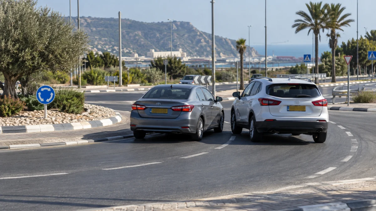 שתי מכוניות נוסעות זו לצד זו בכיכר דו-נתיבית סמוך ליציאה מן הכיכר בעתלית