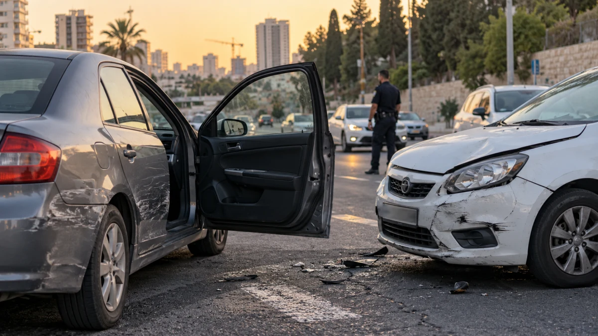 מכונית לאחר התנגשות קלה בכביש עירוני, בהקשר לנהיגה בזמן פסילה ואי ציות לשוטר