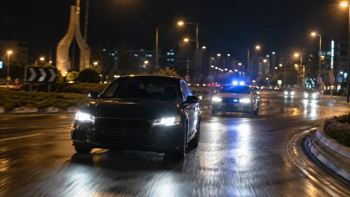 ניידת משטרה בכביש לילי סמוך לכיכר ורכב פרטי שנעצר לאחר מרדף