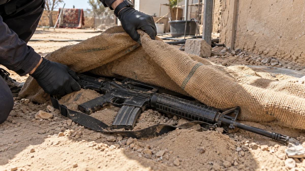 שטח מגודר סמוך לבית ובו שק יוטה שמסתיר רובה M16
