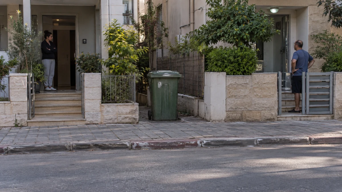 שתי חזיתות של בתים סמוכים ברחוב מגורים ופח אשפה מתכתי ביניהן, ללא אנשים מזוהים