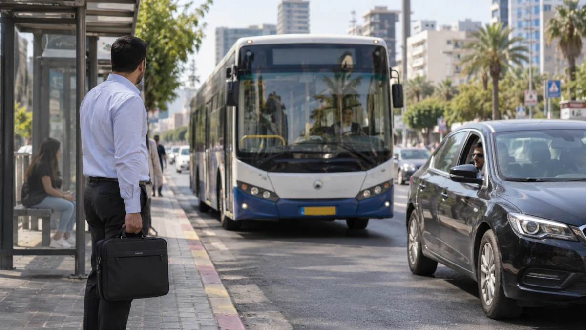 אדם עם תיק לצד תחנת אוטובוס ורכב פרטי, המחשה למחלוקת על יכולת להשתמש בתחבורה ציבורית