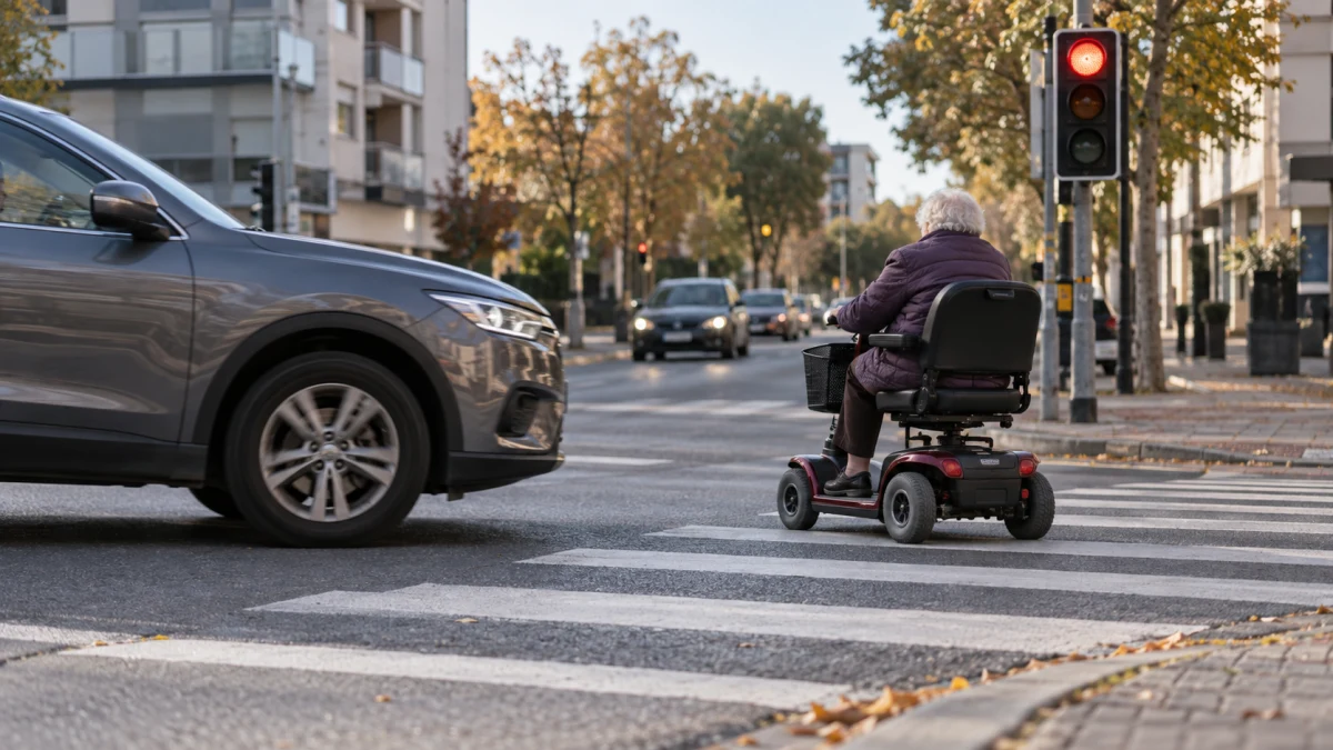 קלנועית חוצה מעבר חציה בצומת מרומזר כשרכב פרטי מתקרב לקו העצירה