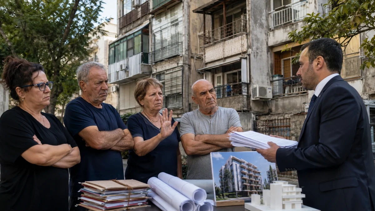 בניין מגורים ותיק מסמכים משפטי לצד תוכניות התחדשות עירונית, בהמחשה לתביעה סביב הסכם תמ"א