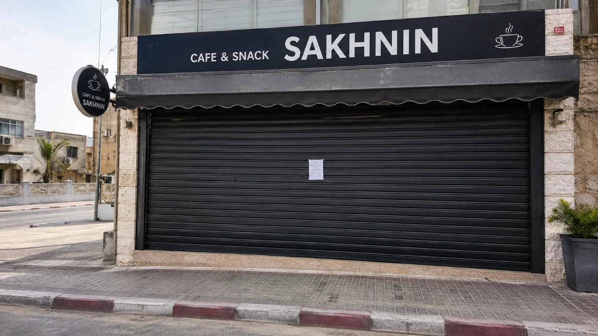 חזית מזנון ובית קפה סגור בסח'נין בשעות היום, תריס מוגף וללא אנשים או סימני אלימות