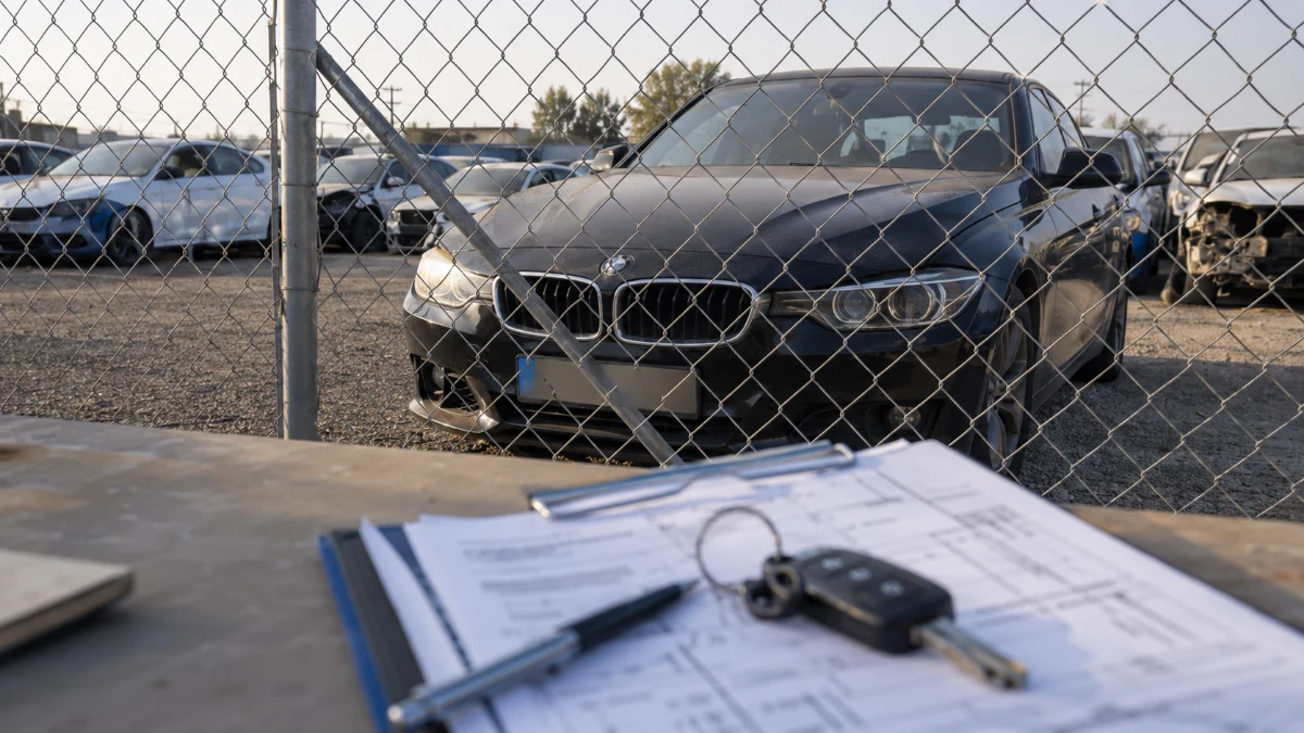 מכונית BMW במגרש תפוסים, בהמחשה לחילוט רכב בעקבות נהיגה חוזרת בזמן פסילה
