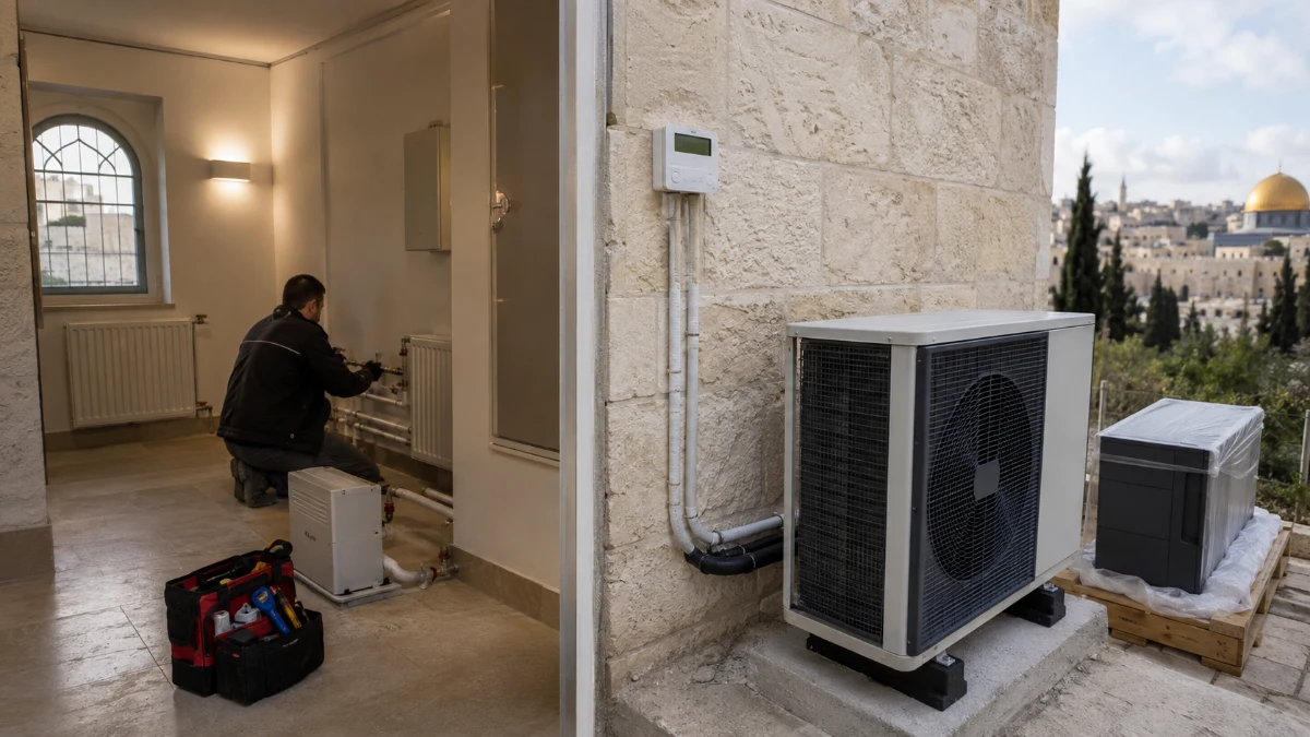 משאבת חום ביתית ומערכת רדיאטורים בבית שבו נקבע כי מערכת 9KW הייתה קטנה מדי ונדרשה מערכת בהספק גבוה יותר