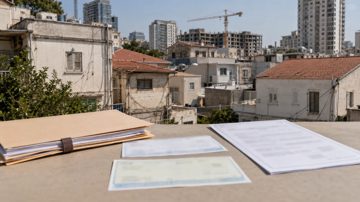 אילוסטרציה של מסמכי פשיטת רגל ומתחם מגורים בגבעת עמל