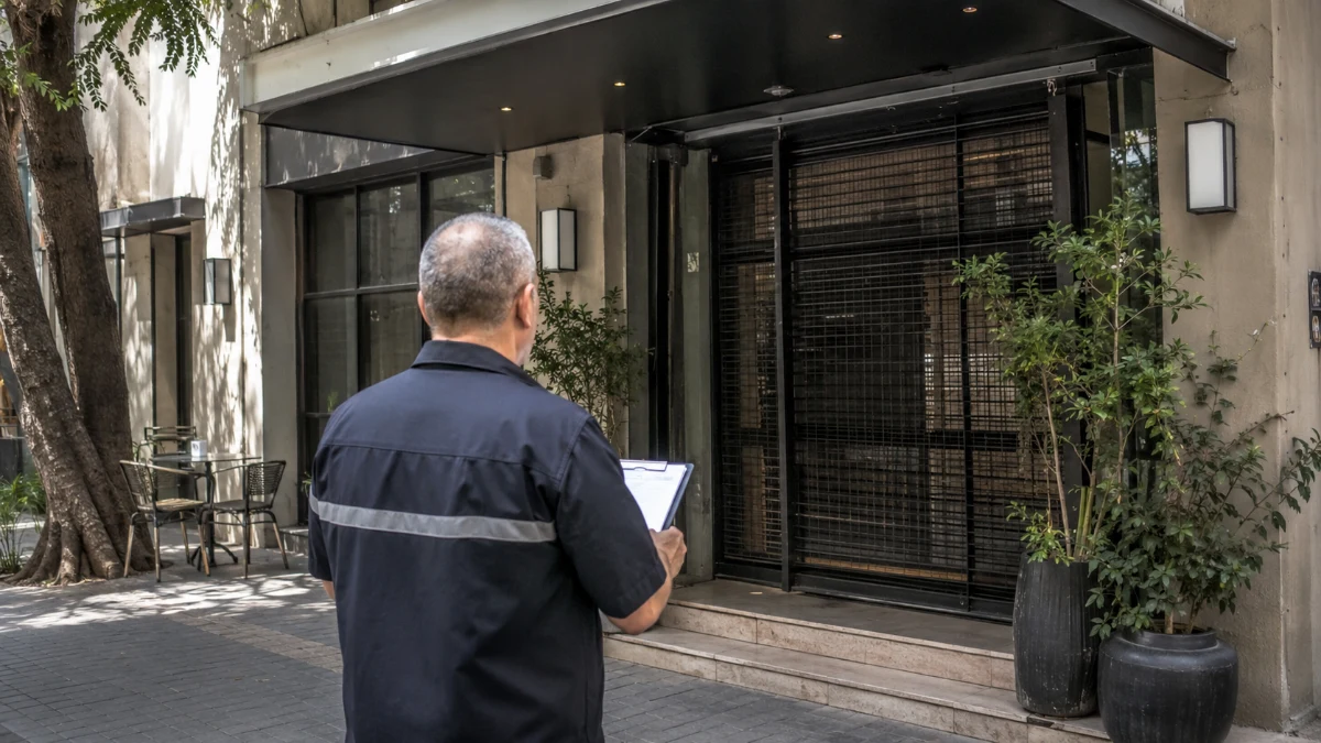 חזית מלון קטן בן שלוש קומות בתל אביב בשעות היום, דלת הכניסה סגורה וללא שלטים או אנשים מזוהים
