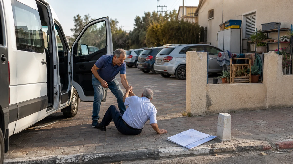 נהג יוצא מרכב הסעות בשטח חניה פתוח הסמוך לבית