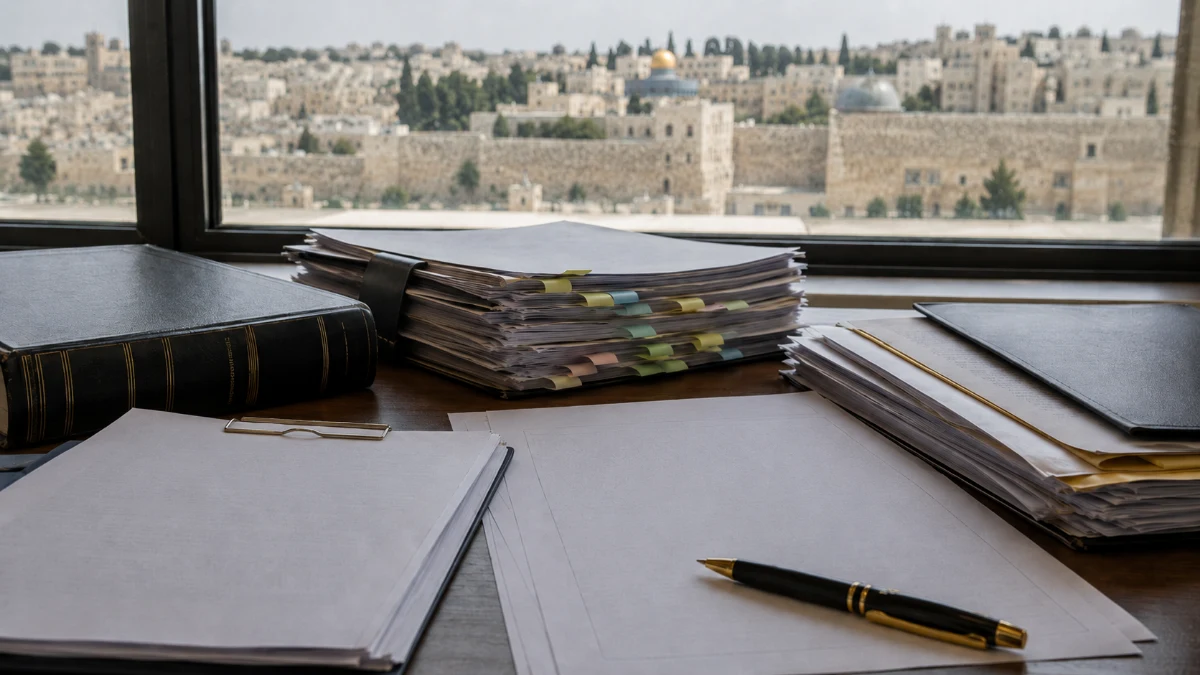 אילוסטרציה של מבנה מגורים המצוי בשלבי בנייה ולצדו מסמכי צו הריסה, בהקשר להליך שעסק במבנה באבו סנאן