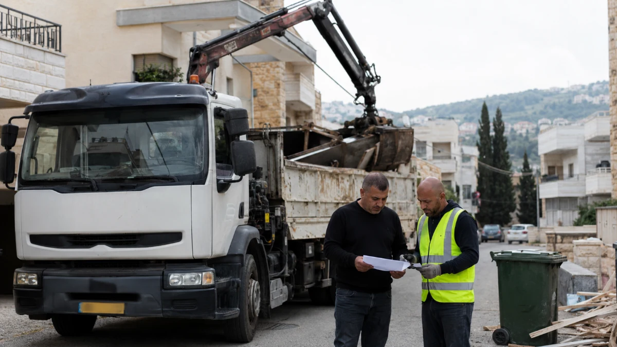 משאית מנוף מפנה פסולת גושית ברחוב באבו סנאן לצד צוות תברואה