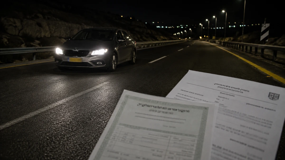 אילוסטרציה של רכב פרטי בכביש 3 לצד מסמכי פסילת רישיון וגזר דין, בהקשר להרשעה בנהיגה בזמן פסילה