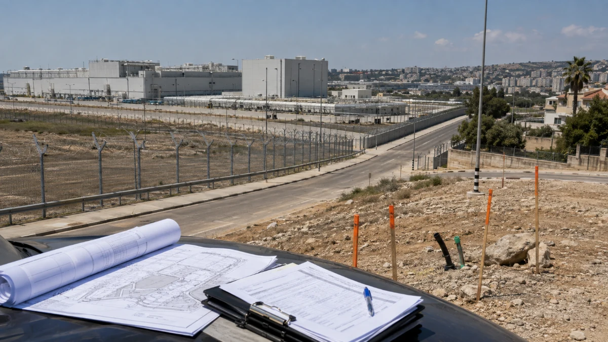 מתחם תעשייתי גדול לצד תשתיות עירוניות ומסמכי היטלי פיתוח ללא פרטים רגישים, בהמחשה למחלוקת