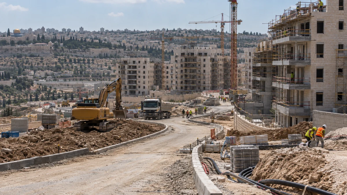 אתר בנייה של בנייני מגורים בשכונת נווה יעקב לצד דרך גישה ועבודות תשתית