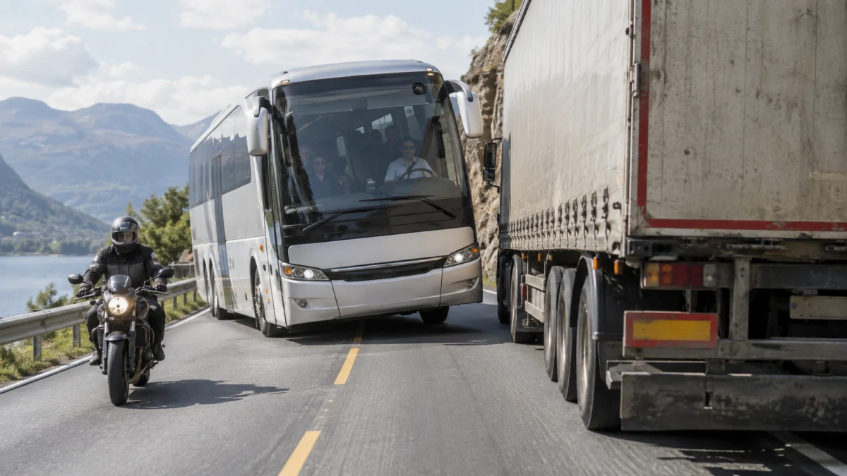 רוכב אופנוע בכביש מול אוטובוס הסוטה לצורך עקיפת משאית חונה, המחשה לסצנת התאונה המתוארת בפסק הדין