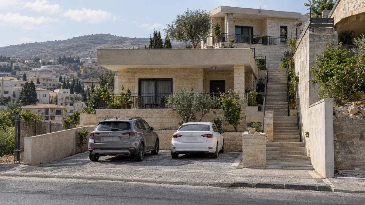 מגרש דו-משפחתי במפלסים שונים עם שתי חניות בחזית ומדרגות המובילות לבית האחורי