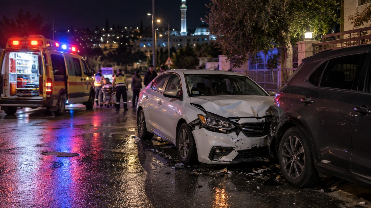 מכונית לאחר תאונת דרכים ברחוב עירוני, לצד אמבולנס המפנה נוסע