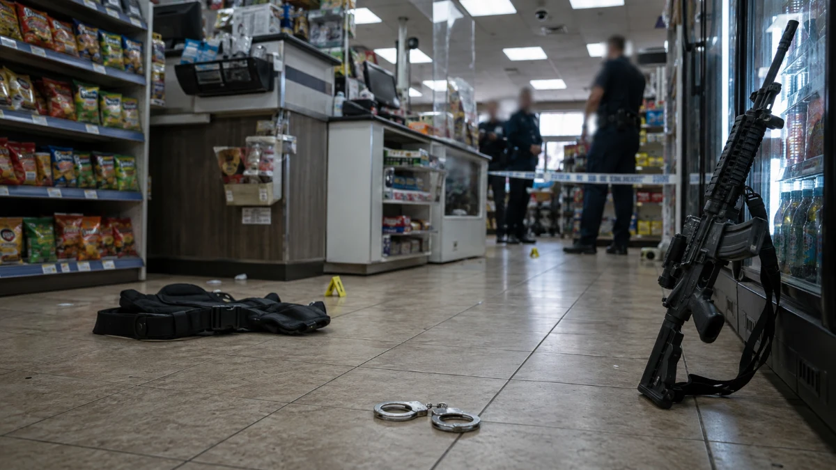 חנות נוחות וציוד משטרתי ללא אנשים מזוהים, בהמחשה לאירוע ירי במהלך מעצר