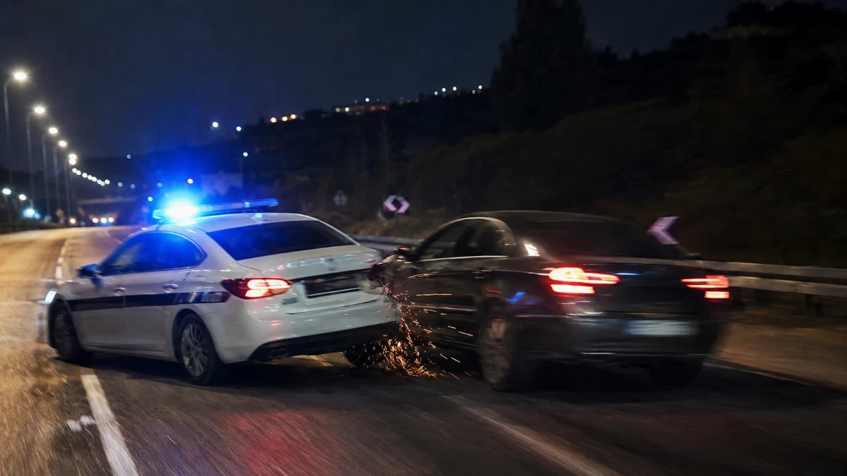 ניידת משטרה ורכב בכביש, בהקשר לבריחה ולפגיעה בניידת שתוארו בגזר הדין