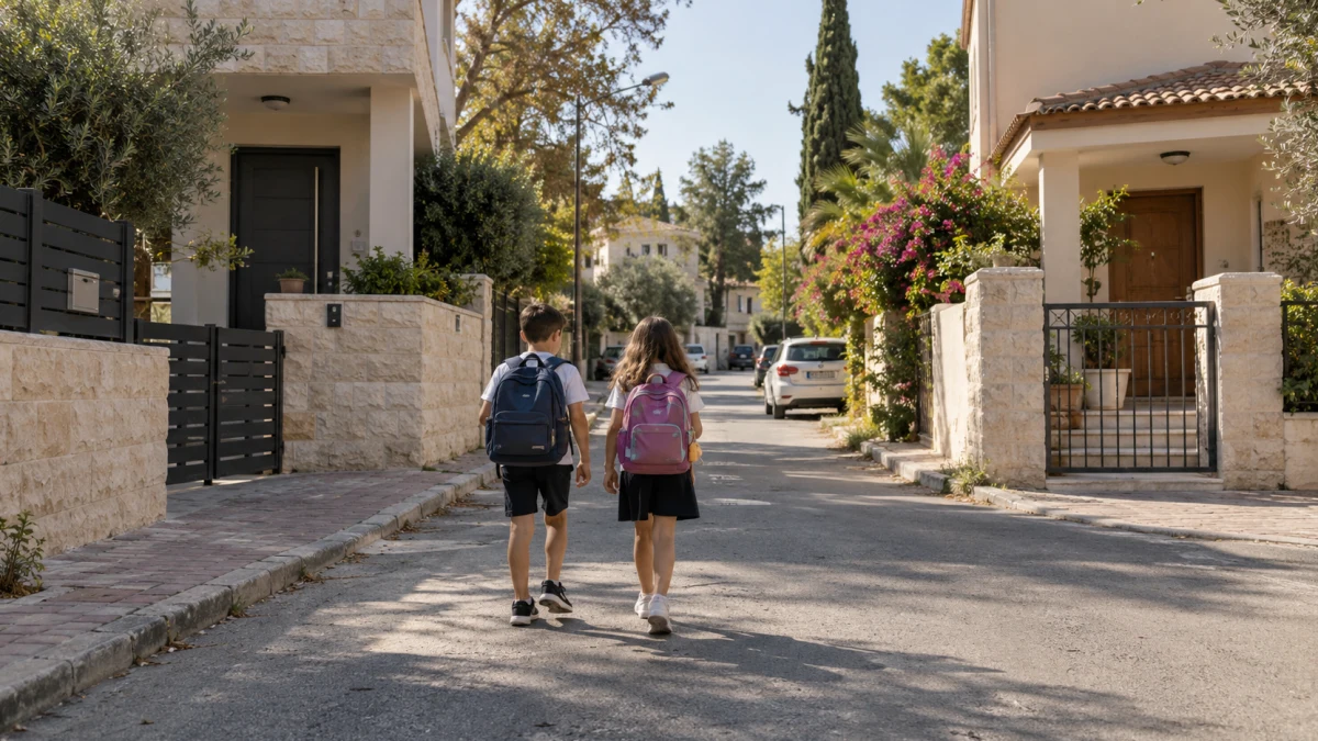 שני בתים נפרדים עם תיקי בית ספר של ילדים ביניהם