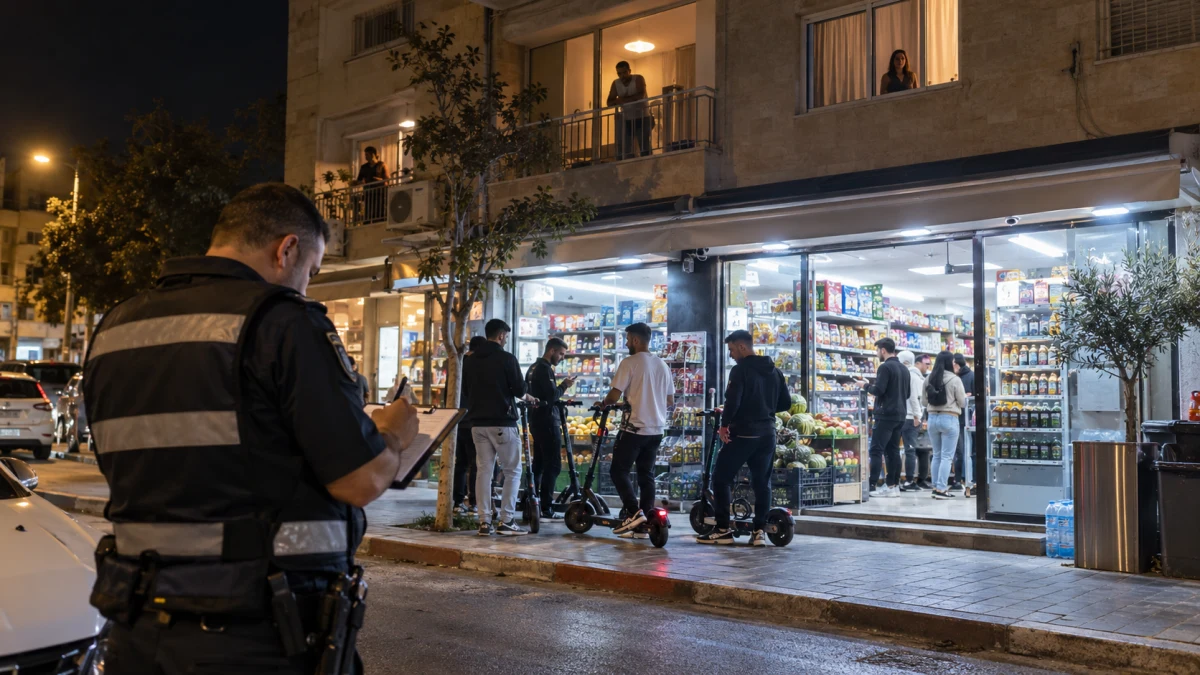 סופרמרקט שכונתי פתוח בשעת לילה מאוחרת, פקח עירוני רושם דוח ותושבים מביטים מחלונות הבניין
