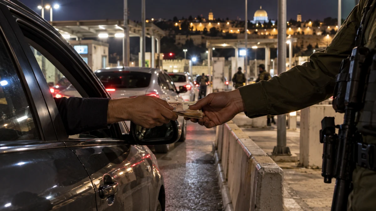 מחסום ביטחוני בשעות הלילה עם נתיבי בדיקה וכלי רכב ממתינים