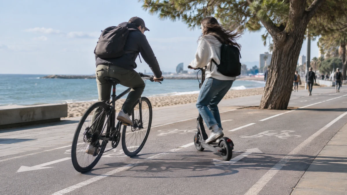 רוכב אופניים ורוכב גלגינוע מתקרבים זה מול זה בשביל אופניים דו-כיווני סמוך לעץ בטיילת חוף גורדון