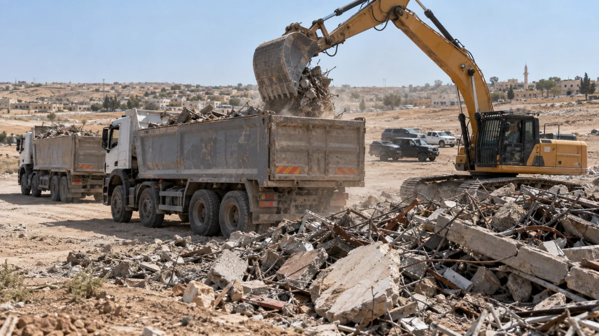 שופל ומשאיות מפנים פסולת ומבני ברזל משטח פתוח בתל שבע במסגרת פעולת פינוי