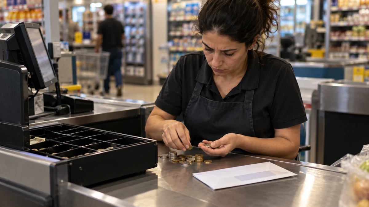 קופאי בעמדת קופה בסופרמרקט לצד מגירת מזומנים וקבלה